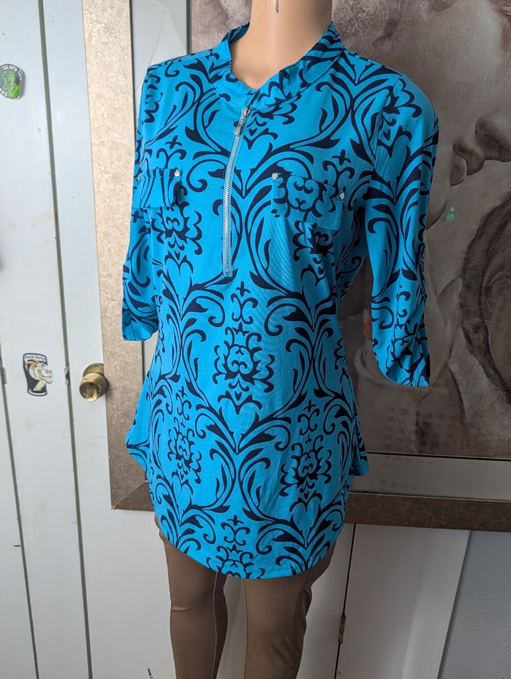 BEPEI Relaxed Style Dark Aqua & Black 1/4 Zip Print Tunic Blouse Size M